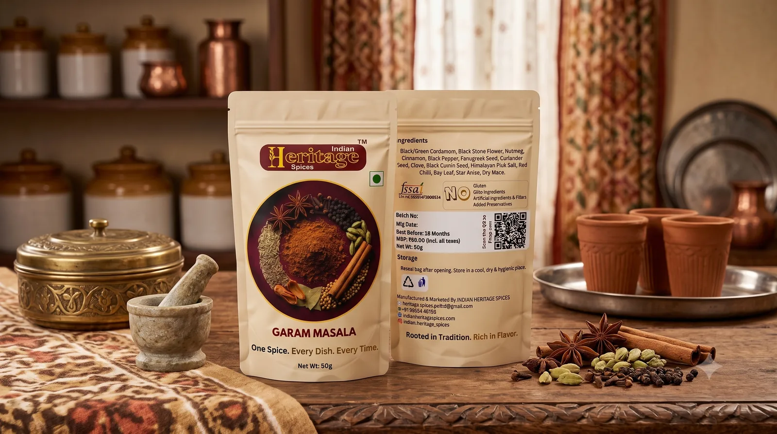Heritage Garam Masala pouch in a traditional Indian kitchen with a stone mortar and pestle
