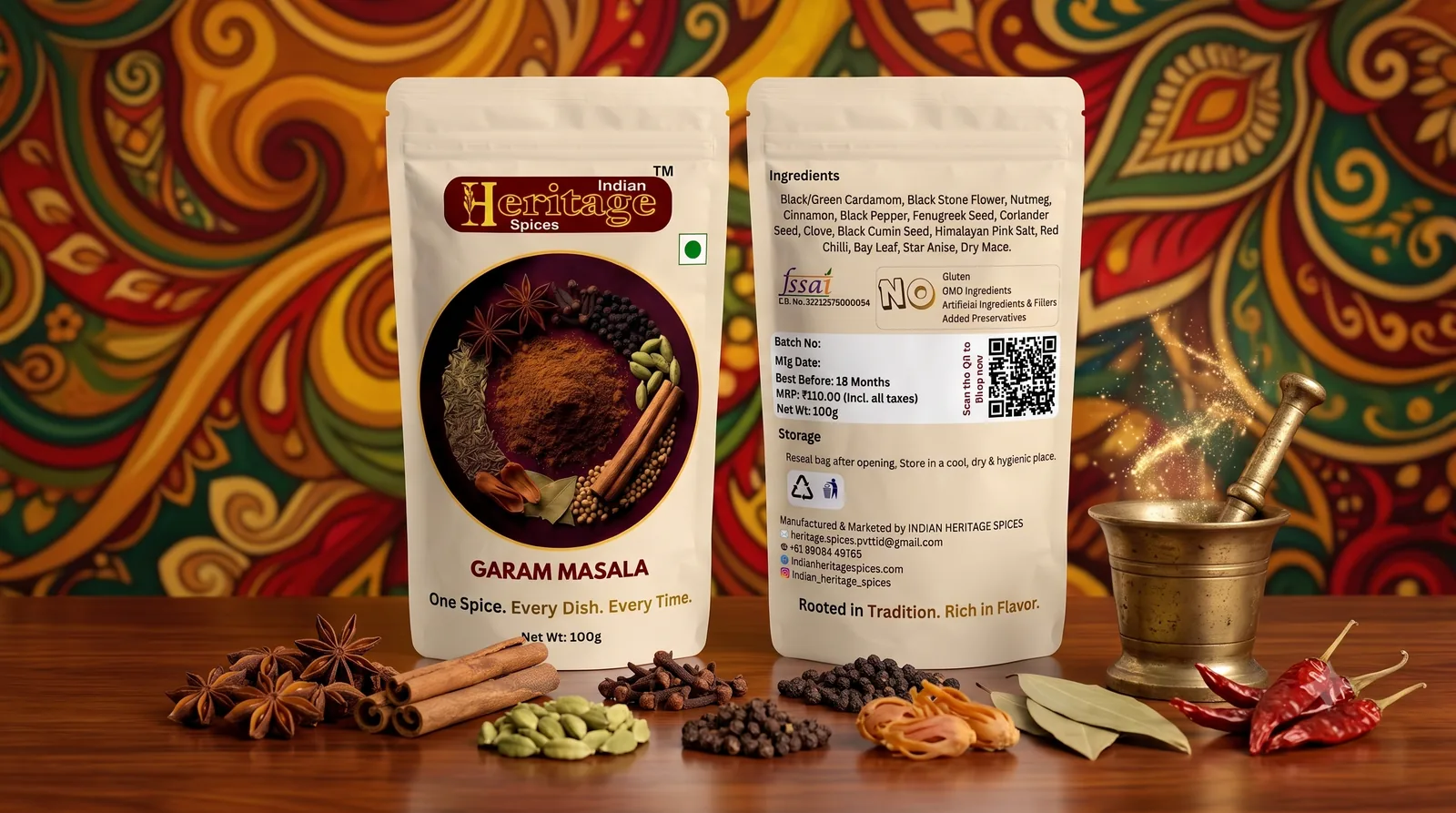 Heritage Garam Masala 100g pouch with whole spices and a brass mortar