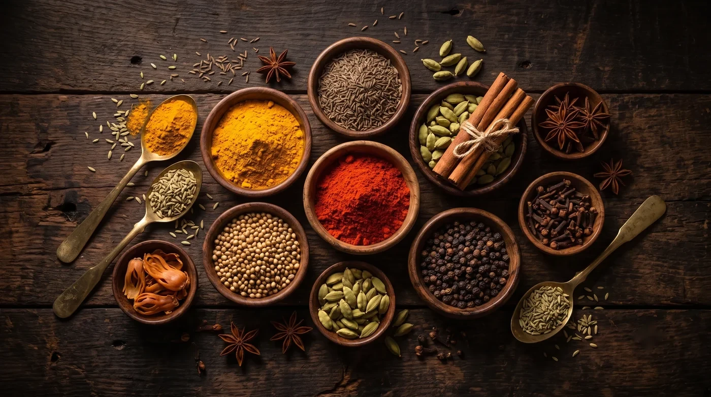 Assortment of whole and ground Indian spices in wooden bowls