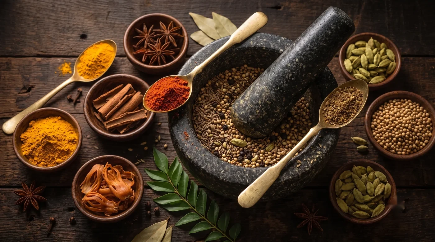 Spices being ground in a traditional stone mortar and pestle